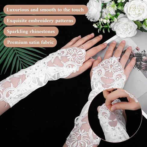 White Lace Gloves Bride Wedding Fingerless Gloves White Rhinestone Bridal Glove for Wedding Party Prom Costume Accessories in Saudi Arabia
