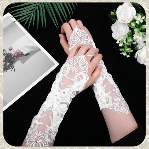 White Lace Gloves Bride Wedding Fingerless Gloves White Rhinestone Bridal Glove for Wedding Party Prom Costume Accessories in Saudi Arabia