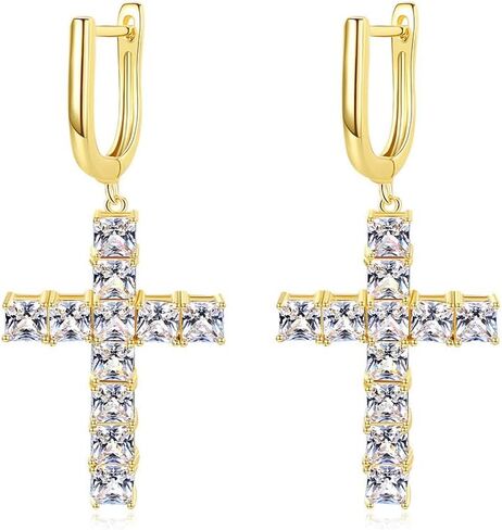 Moissanite Cross Hoop and Drop Earring, 14K Gold Micro Pave Moissanite Dangle Earrings, Ideal Gift for Her in Saudi Arabia