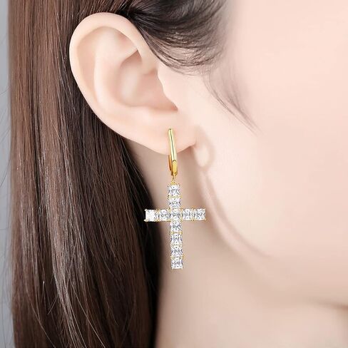 Moissanite Cross Hoop and Drop Earring, 14K Gold Micro Pave Moissanite Dangle Earrings, Ideal Gift for Her in Saudi Arabia