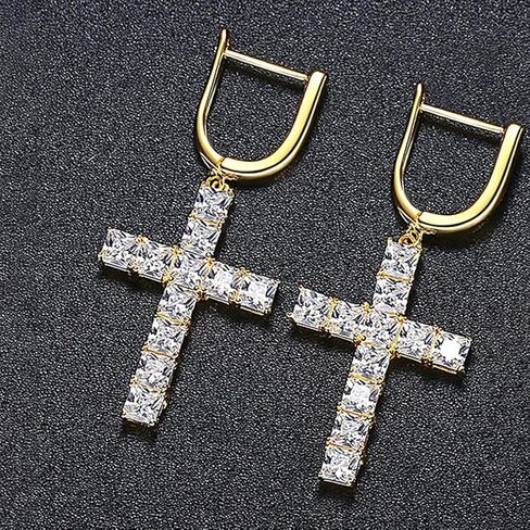 Moissanite Cross Hoop and Drop Earring, 14K Gold Micro Pave Moissanite Dangle Earrings, Ideal Gift for Her in Saudi Arabia