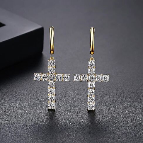 Moissanite Cross Hoop and Drop Earring, 14K Gold Micro Pave Moissanite Dangle Earrings, Ideal Gift for Her in Saudi Arabia