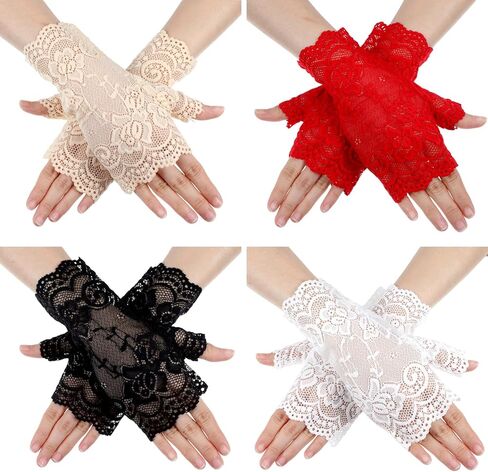 4 Pairs Fingerless Lace Gloves,Floral Elegant Short Lace Gloves Fingerless Halloween Costume,Fingerlesess Laces Glove for Weddings, Proms, Tea Parties,Dinner Party,4 Colors in Kuwait