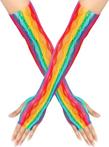 Fishnet Fingerless Gloves, Neon Mesh Long Arm Warmers Accessories for Women Rave Party Cosplay Costume Decoration in Kuwait