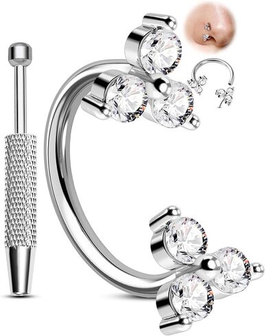 Melighting 20G Flower Horseshoe Nose Ring Hoop, Piercing Taper Ball Grabber Tool Set 316L Surgical Steel, CZ Clear Threadless Nose Septum Daith Lip Rook Helix Piercing Jewelry 7/8 mm in Saudi Arabia