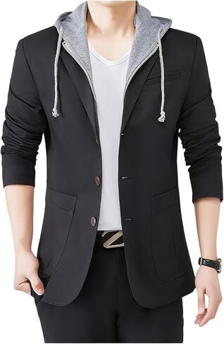 ebossy Women's False 2-Piece Hooded Blazer Jacket Single Breasted Elbow Patch Long Sleeve Slim Cotton Coat in Saudi Arabia