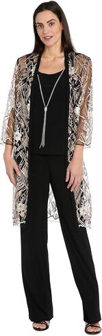 R&M Richards Women's 3-Piece Beaded Duster Pantsuit W/Sequin Embroidered Jacket & Necklace in Saudi Arabia