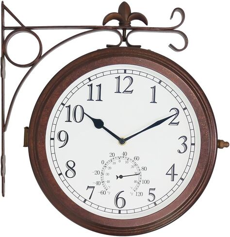 ساعة حائط معدنية مزدوجة الجوانب من BESTIME 66276B بإطار أسود. القرص: 25.4 سم، هادئة، سهلة القراءة، محطة قديمة، ساعات معلقة عتيقة للحديقة، ديكور المنزل، داخلي، خارجي، غرفة المعيشة. in Kuwait