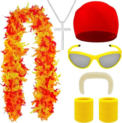 Wrestler Costume Accessories, Feather Boa with Fake Beard Mustaches Red Bandana Wristbands for Women Men Cosplay in Saudi Arabia