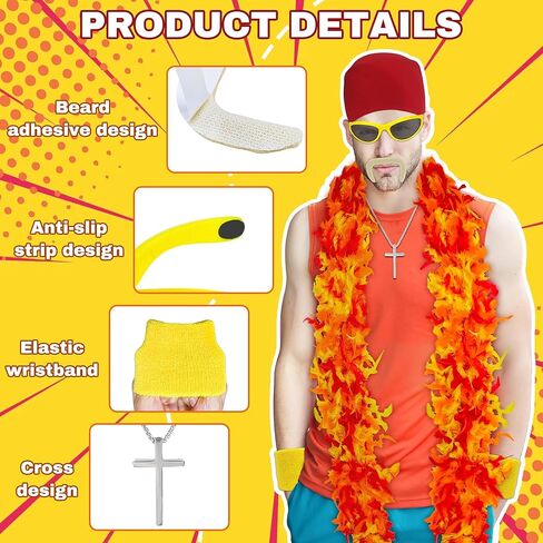 Wrestler Costume Accessories, Feather Boa with Fake Beard Mustaches Red Bandana Wristbands for Women Men Cosplay in Saudi Arabia