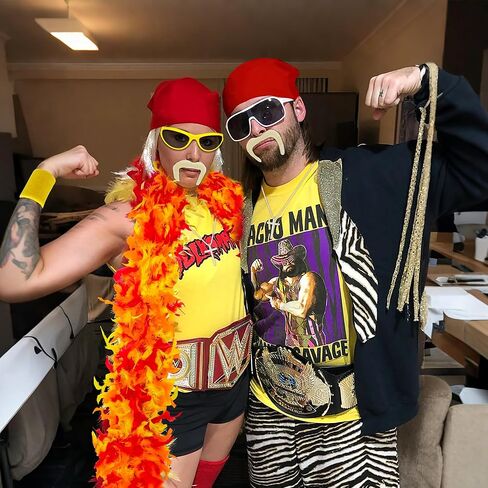 Wrestler Costume Accessories, Feather Boa with Fake Beard Mustaches Red Bandana Wristbands for Women Men Cosplay in Saudi Arabia