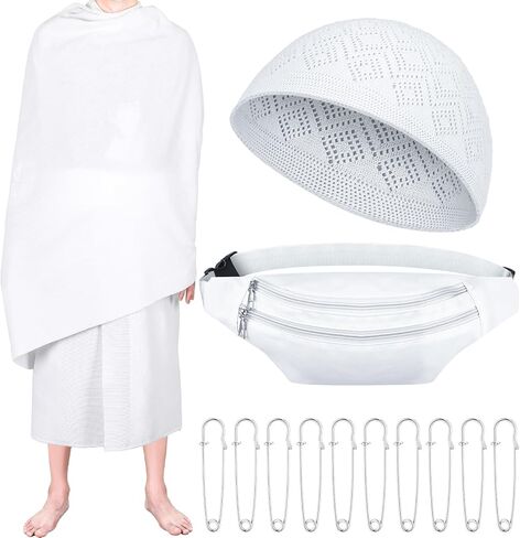 Suhine 14 Pcs Teen Men's Ihram Set for Hajj and Umrah Essentials, Islamic Ahram Ehram Towel Waist Belt Kufi Hat and 10 Pins(Teen Size) in Saudi Arabia