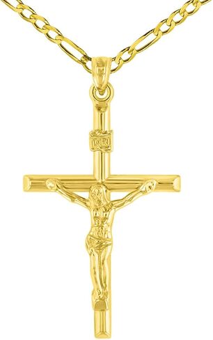 14K Yellow Gold INRI Crucifix Tubular Simple Polished Cross Pendant with Figaro Chain Necklace in Saudi Arabia