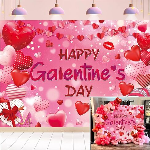 Happy Galentine's Day Banner Backdrop 7x5FT Red Pink Galentines Day Party Decorations Background Galentine Girls Party Decor Supplies Photo Props in Saudi Arabia