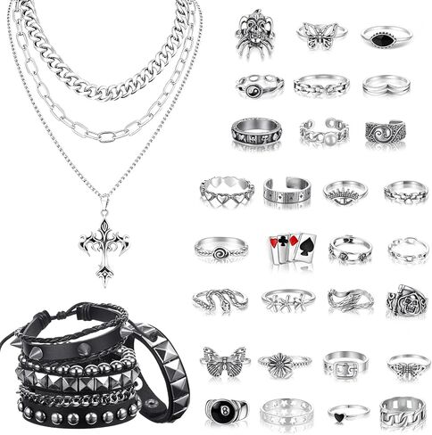 37 Pcs Grunge Vintage Punk Jewelry Bracelet Set Gothic Layered Cross Pendant Necklace Vintage Silver Knuckle Rings Rock Leather Studded Bracelets Adjustable Emo Accessories for Women Men in Saudi Arabia