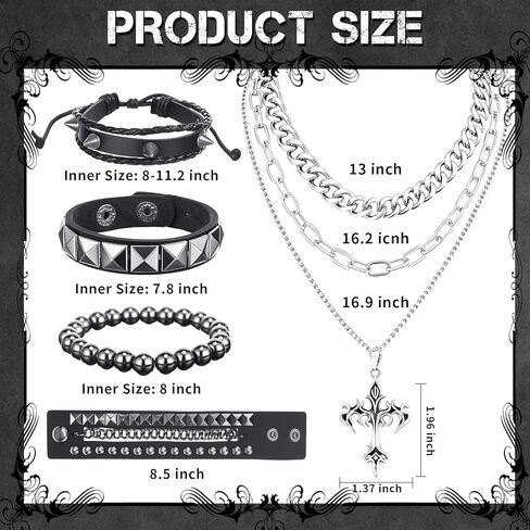 37 Pcs Grunge Vintage Punk Jewelry Bracelet Set Gothic Layered Cross Pendant Necklace Vintage Silver Knuckle Rings Rock Leather Studded Bracelets Adjustable Emo Accessories for Women Men in Saudi Arabia