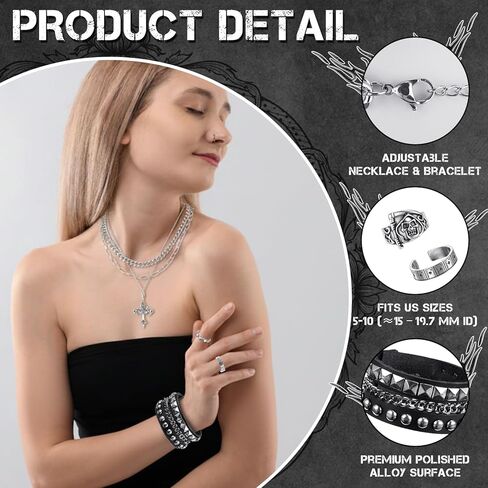 37 Pcs Grunge Vintage Punk Jewelry Bracelet Set Gothic Layered Cross Pendant Necklace Vintage Silver Knuckle Rings Rock Leather Studded Bracelets Adjustable Emo Accessories for Women Men in Saudi Arabia