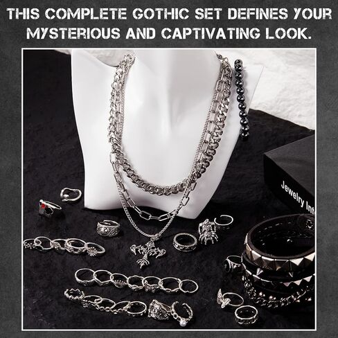 37 Pcs Grunge Vintage Punk Jewelry Bracelet Set Gothic Layered Cross Pendant Necklace Vintage Silver Knuckle Rings Rock Leather Studded Bracelets Adjustable Emo Accessories for Women Men in Saudi Arabia