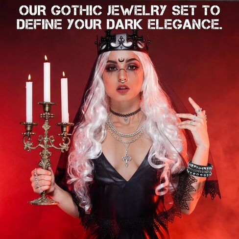37 Pcs Grunge Vintage Punk Jewelry Bracelet Set Gothic Layered Cross Pendant Necklace Vintage Silver Knuckle Rings Rock Leather Studded Bracelets Adjustable Emo Accessories for Women Men in Saudi Arabia