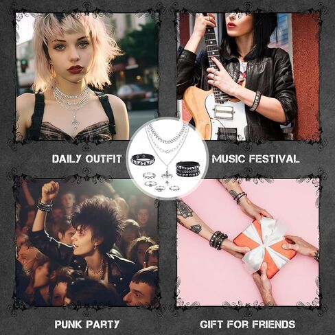 37 Pcs Grunge Vintage Punk Jewelry Bracelet Set Gothic Layered Cross Pendant Necklace Vintage Silver Knuckle Rings Rock Leather Studded Bracelets Adjustable Emo Accessories for Women Men in Saudi Arabia