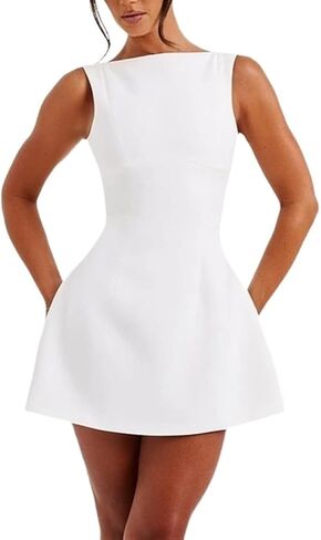 Women's Sexy Sleeveless Boat Neck A-Line Backless Mini Dress Formal Graduation Wedding Club Party Short Dresses in Saudi Arabia
