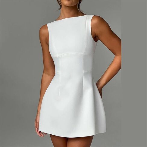 Women's Sexy Sleeveless Boat Neck A-Line Backless Mini Dress Formal Graduation Wedding Club Party Short Dresses in Saudi Arabia