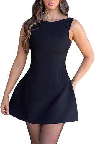 Women's Sexy Sleeveless Boat Neck A-Line Backless Mini Dress Formal Graduation Wedding Club Party Short Dresses in Saudi Arabia