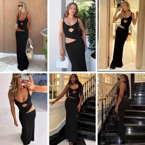 JUMISEE Women’s Sexy V Neck Cut Out Vacation Maxi Dress Irregular Spaghetti Strap Bodycon Long Dress Beach Party Dresses in Saudi Arabia