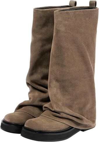 ClassicSter Slouch Fold Over Boots for Women Knee High Moto Boots Low Heel Sloucy Motorcycle Shoes Comfortable Mid Calf Boot in Saudi Arabia