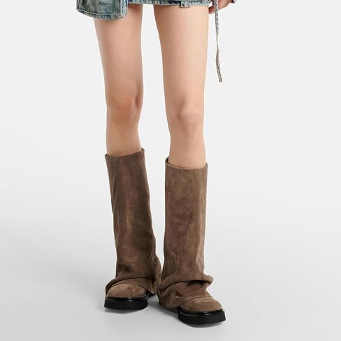 ClassicSter Slouch Fold Over Boots for Women Knee High Moto Boots Low Heel Sloucy Motorcycle Shoes Comfortable Mid Calf Boot in Saudi Arabia