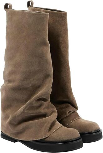 ClassicSter Slouch Fold Over Boots for Women Knee High Moto Boots Low Heel Sloucy Motorcycle Shoes Comfortable Mid Calf Boot in Saudi Arabia