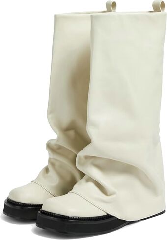ClassicSter Slouch Fold Over Boots for Women Knee High Moto Boots Low Heel Sloucy Motorcycle Shoes Comfortable Mid Calf Boot in Saudi Arabia