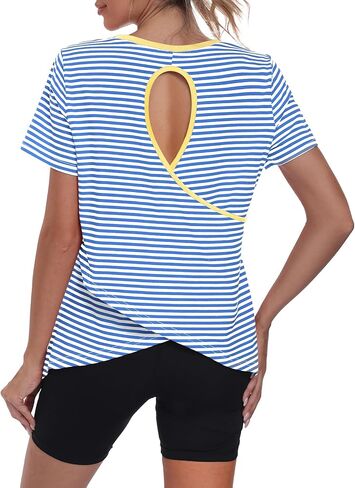 Kimmery Striped Open Back Workout Tops for Women Breathable Short Sleeve Athletic Shirts with Asymmetric Hem for Gym & Yoga in Saudi Arabia