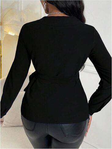 بلوزة MakeMeChic النسائية ملفوفة ورقبة على شكل حرف V وقميص أنيق وربطة جانبية وأكمام طويلة للخروج in Kuwait