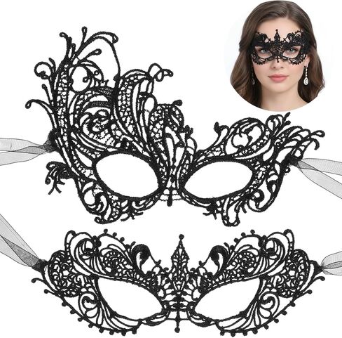 2 Pcs Masquerade Mask for Women Black Lace Eye Masks Costume Party Eye Mask Mardi Gras Masks Halloween Cosplay Accessory for Women and Girls in Saudi Arabia