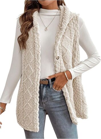 MakeMeChic Women's Fall Faux Fur Vest Outerwear Hooded Sleeveless Button Down Furry Coat in Saudi Arabia
