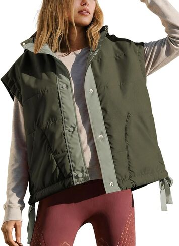Athlisan Womens Puffer Vest Sleeveless Stand Collar Color Block Button Down Padded Gilet Jacket with Pockets in Saudi Arabia