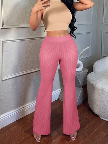 Women's Rose Red Ribbed Knit Flare Pants High Waisted Stretch Lounge Trousers, Slimming Casual Bell Bottoms in Saudi Arabia