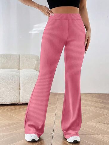 Women's Rose Red Ribbed Knit Flare Pants High Waisted Stretch Lounge Trousers, Slimming Casual Bell Bottoms in Saudi Arabia