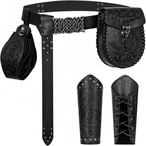 4PCS Renaissance Belt Pouch Set - Medieval Embossed Waist Bag, Viking Purse & Leather Bracers for Halloween Cosplay (Black) in Saudi Arabia