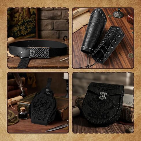 4PCS Renaissance Belt Pouch Set - Medieval Embossed Waist Bag, Viking Purse & Leather Bracers for Halloween Cosplay (Black) in Saudi Arabia