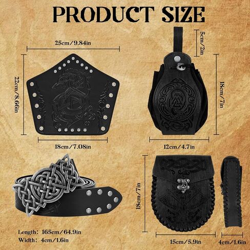 4PCS Renaissance Belt Pouch Set - Medieval Embossed Waist Bag, Viking Purse & Leather Bracers for Halloween Cosplay (Black) in Saudi Arabia