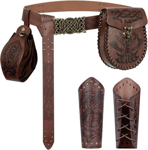 4PCS Renaissance Belt Pouch Set - Medieval Embossed Waist Bag, Viking Purse & Leather Bracers for Halloween Cosplay (Black) in Saudi Arabia