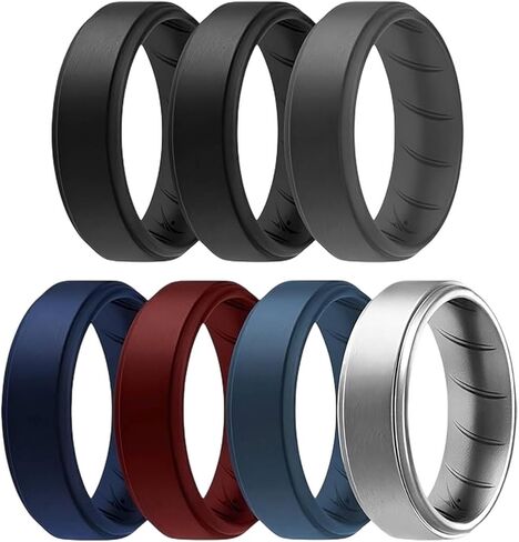 ROQ Silicone Rubber Wedding Ring for Men, Comfort Fit, Men's Wedding Band, Durable, Breathable Rubber Engagement Ring/Band, Step Edge, Multi Packs, Multi Colors in Kuwait