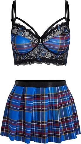 SOLY HUX Women's Lace Plaid Costume Lingerie Set 2 Piece Bra and Skirt Cosplay Outfits in Kuwait