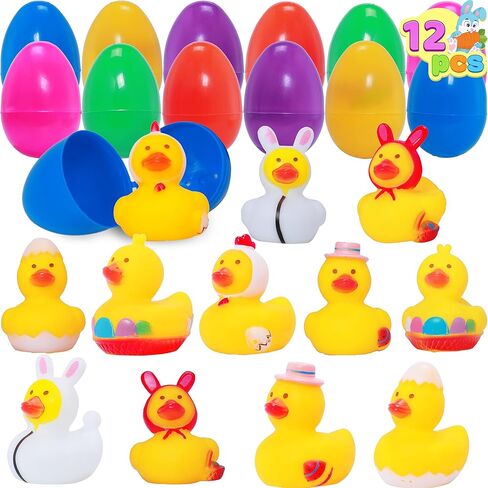 JOYIN 12 Pcs Filled Easter Eggs with Rubber Duck and Rabbit Duckies, Bright Colorful Prefilled Easter Eggs for Kids Fun Bath Toys, Basket Stuffers and Party Favors in Saudi Arabia