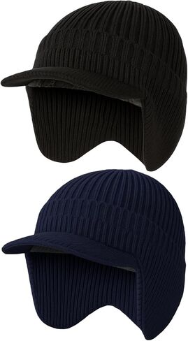 2 Pcs Winter Hats with Brim and Ear Flap Fleece Winter Beanie Hat Outdoor Warm Lined Knit Hat for Men Women in Saudi Arabia