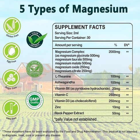 Liquid Magnesium Supplement, Organic 5-in-1 Magnesium Complex Drops 丨 Glycinate, Taurate, Oxide, Malate, Citrate w/L-Theanine, Ashwagandha for Cortisol, Sleep*, Stress, Muscle, in Saudi Arabia