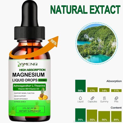 Liquid Magnesium Supplement, Organic 5-in-1 Magnesium Complex Drops 丨 Glycinate, Taurate, Oxide, Malate, Citrate w/L-Theanine, Ashwagandha for Cortisol, Sleep*, Stress, Muscle, in Saudi Arabia
