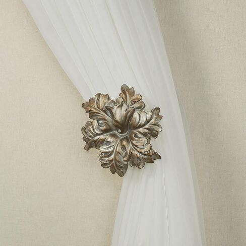 Vilayna Window Treatment Wall Tieback Pair | Handpainted Metallic Platinum | Elegant Acanthus Leaf Flower Cluster Holds Your Curtain Panels or Sheer Drapery | Wall-Mounted Deep Hook Holdback Set of 2 in Saudi Arabia